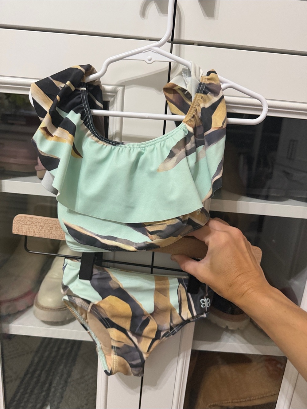 Albion Mint Green Ruffle-Trim Swimsuit Top with Neutral Print